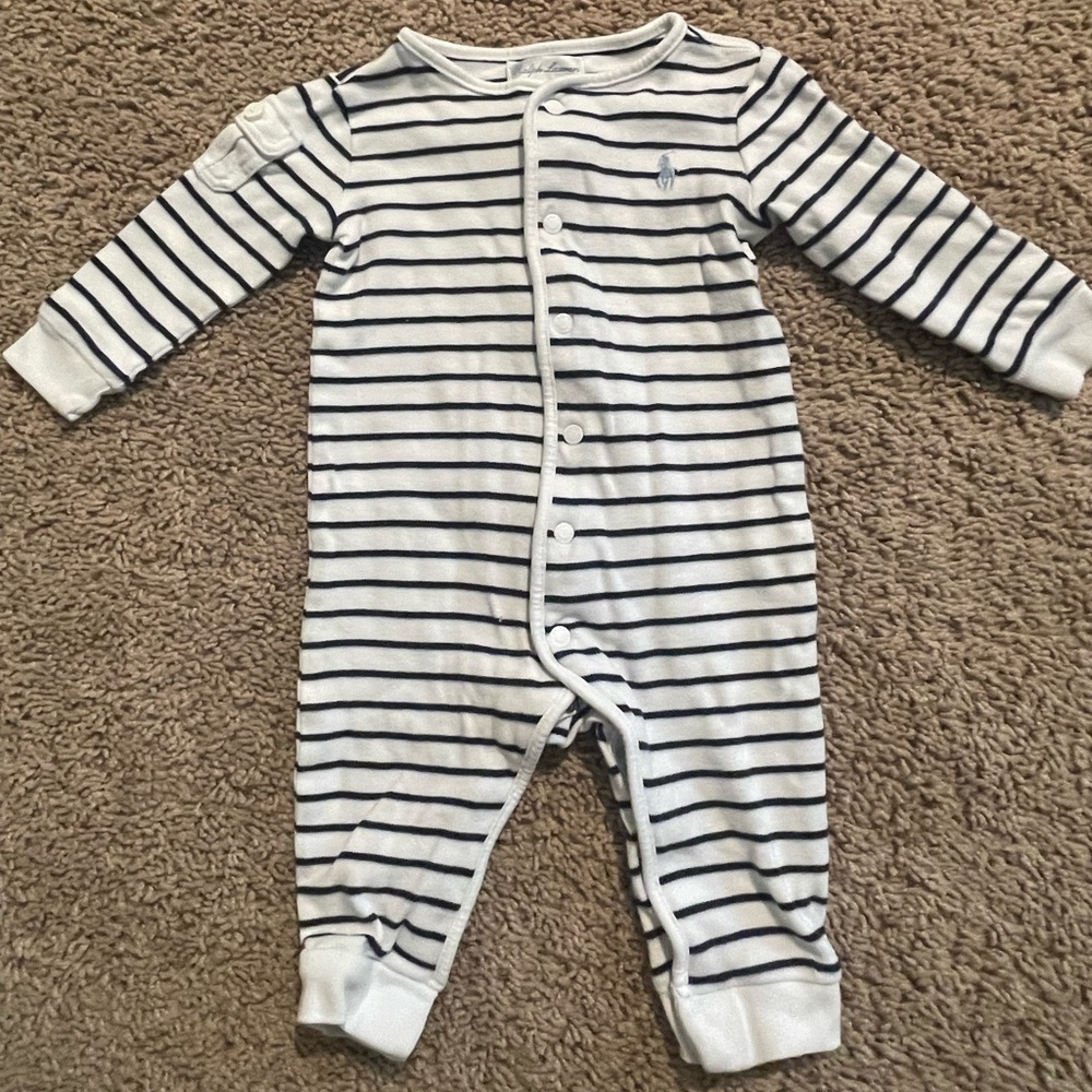 Ralph Lauren White and Navy Striped Baby One-Piece Bodysuit